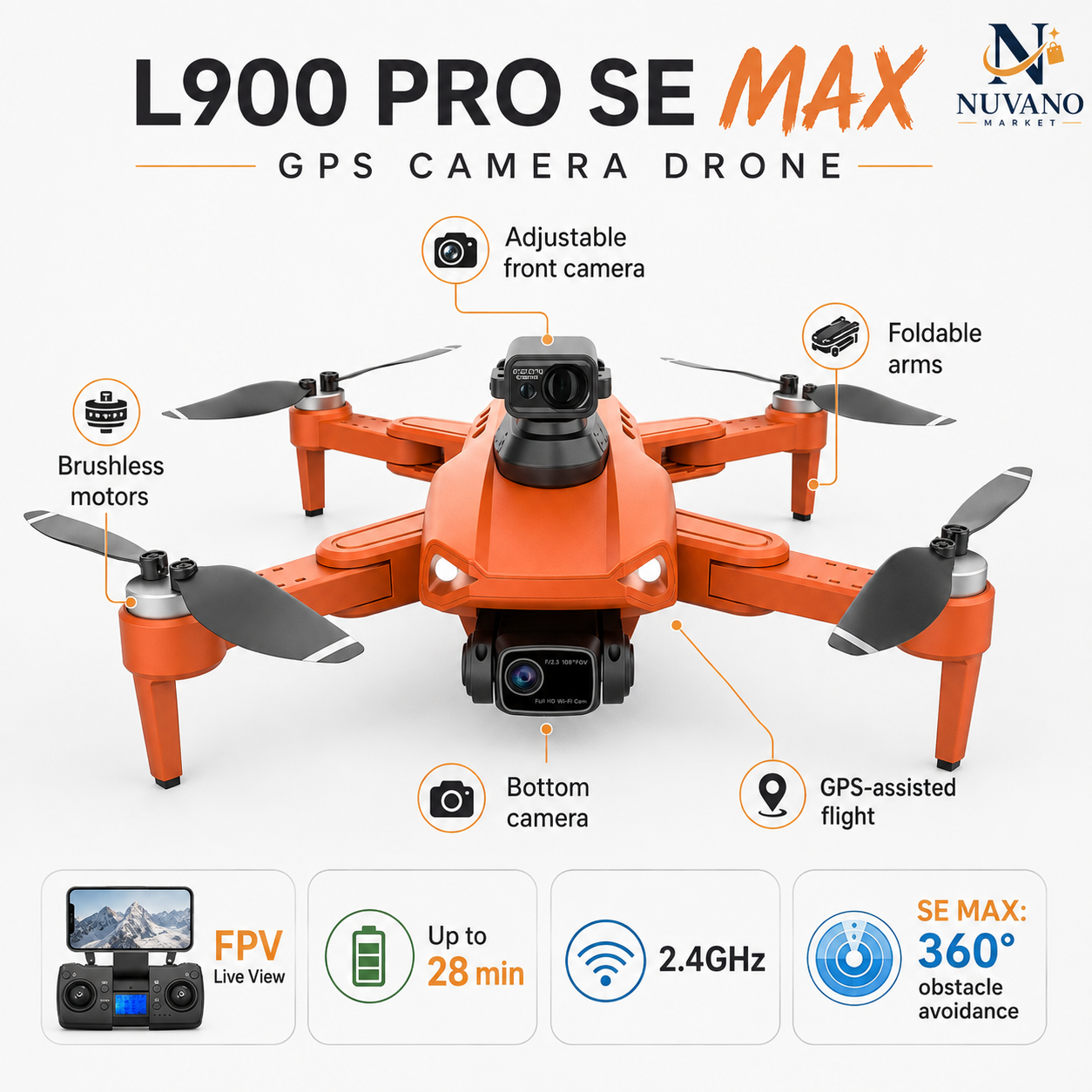 L900 Pro SE MAX GPS Camera Drone - Feature callouts: brushless motors, adjustable camera, foldable arms, GPS flight, bottom camera