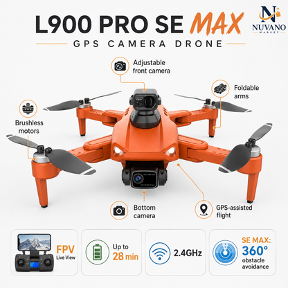 L900 Pro SE MAX GPS Camera Drone - Feature callouts: brushless motors, adjustable camera, foldable arms, GPS flight, bottom camera